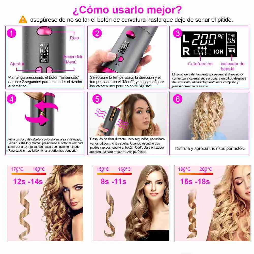 Cepillo de Pelo Rizador Automatico Recargable por USB KLACK® Gris QM600 - Imagen 3